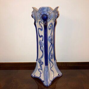 VTG Bombay Company Cobalt and Tan Crackle Stoneware Square Lily Pad Pillar Vase